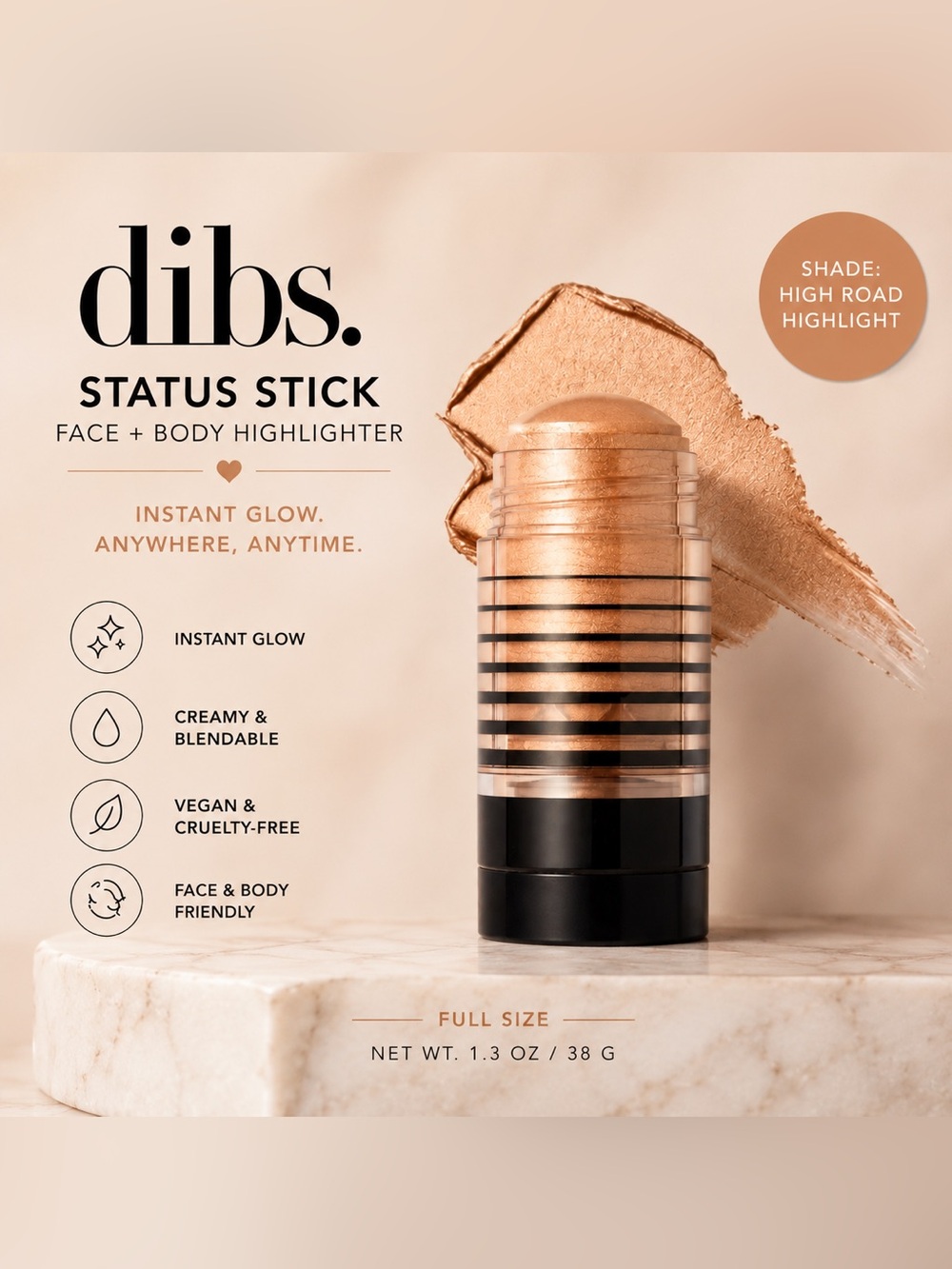 NEW/NIB DIBS Status Stick Face + Body Highlighter in High Road Highlight